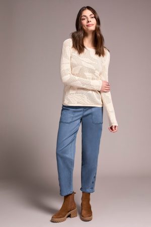 Openwork Knit Jacquard Leaf Sweater -Moonstone