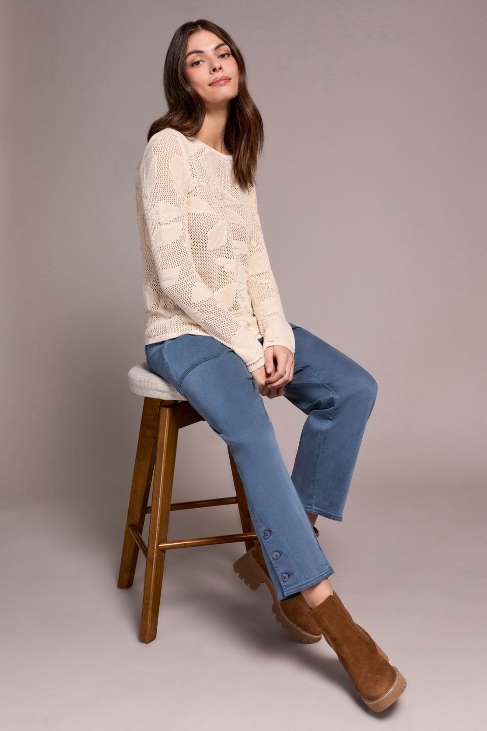 Openwork Knit Jacquard Leaf Sweater -Moonstone