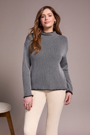 Combed Cotton Two-Tone Rib Funnel Neck Sweater-Grey mix