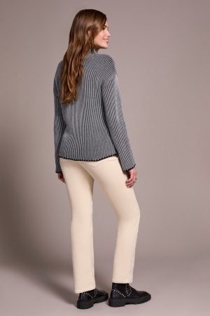 Combed Cotton Two-Tone Rib Funnel Neck Sweater-Grey mix