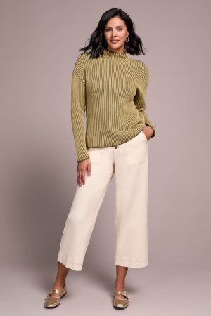 Combed Cotton Two-Tone Rib Funnel Neck Sweater-Leek