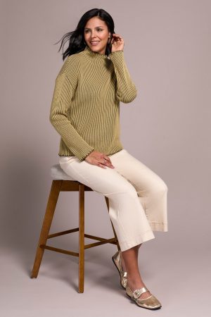 Combed Cotton Two-Tone Rib Funnel Neck Sweater-Leek