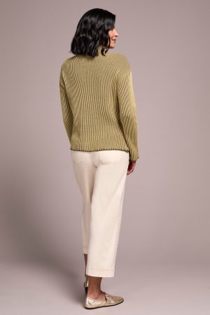Combed Cotton Two-Tone Rib Funnel Neck Sweater-Leek