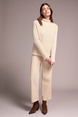Combed Cotton Two-Tone Rib Funnel Neck Sweater-Moonstone