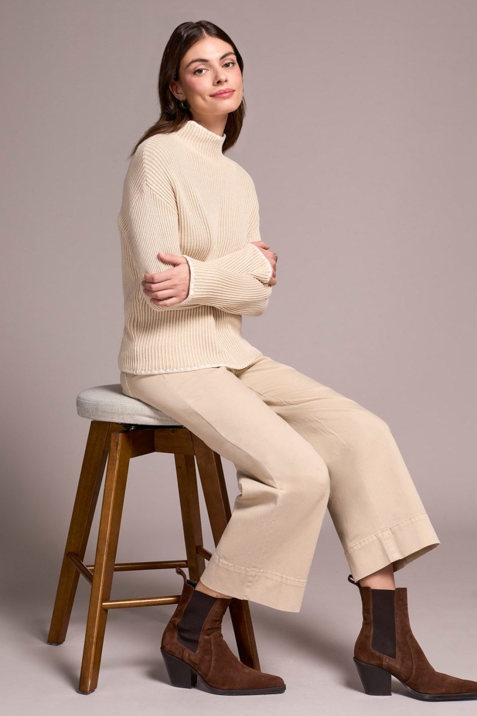 Combed Cotton Two-Tone Rib Funnel Neck Sweater-Moonstone