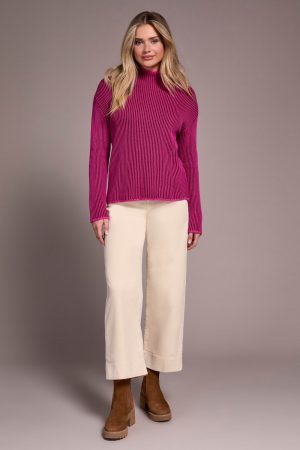 Combed Cotton Two-Tone Rib Funnel Neck Sweater-Pink flambe