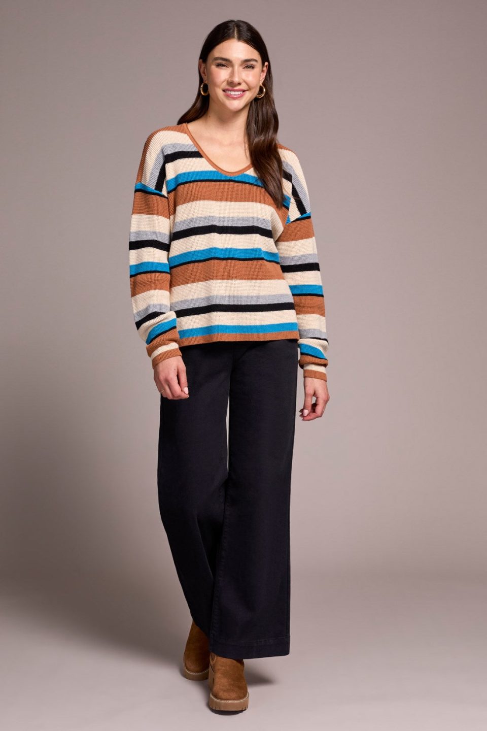 Combed Cotton U-Neck Waffle Sweater-Celestial