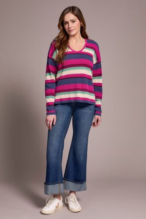 Combed Cotton U-Neck Waffle Sweater-Pink flambe