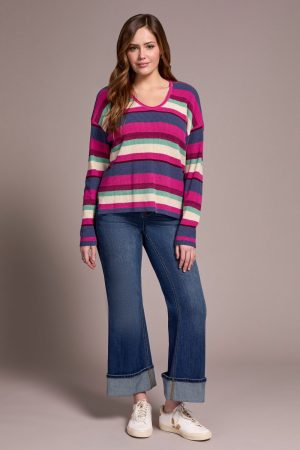 Combed Cotton U-Neck Waffle Sweater-Pink flambe