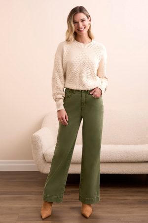 Comfort Stretch Fly Front Wide Leg Pants-Chive