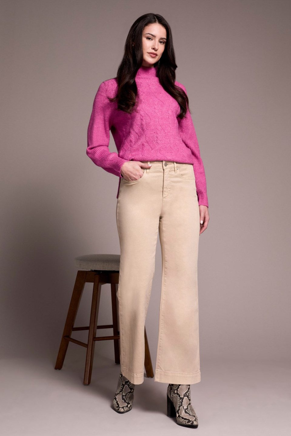 Comfort Stretch Fly Front Wide Leg Pants-Sandstone