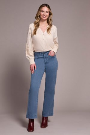 Comfort Stretch Fly Front Wide Leg Pants-Slateblue