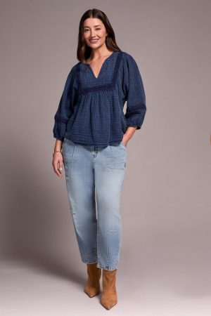 Cotton Gauze 3/4 Sleeve Empire Waist Blouse-Nightfall