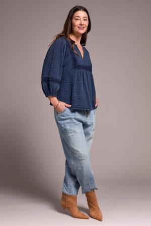 Cotton Gauze 3/4 Sleeve Empire Waist Blouse-Nightfall