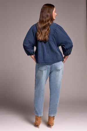 Cotton Gauze 3/4 Sleeve Empire Waist Blouse-Nightfall