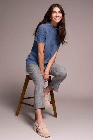 Cotton Mock Neck Cap Short Sleeve Top-Slateblue