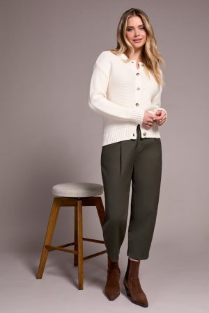 Cotton Yarn Button-Front Cardigan With Special Wash-Eggshell