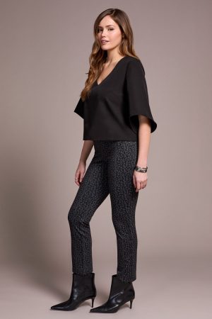 Signature Crepe Flutter Sleeve V-Neck Blouse-Black