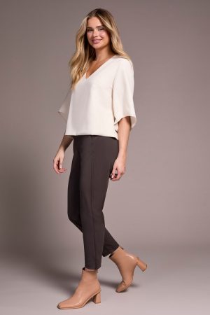 Signature Crepe Flutter Sleeve V-Neck Blouse-Moonstone