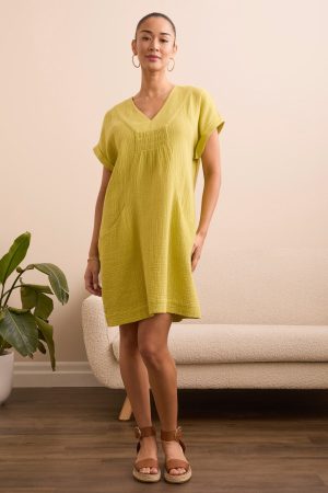 Crinkle Gauze V-Neck Dress With Shirred Front Detail-Kiwi