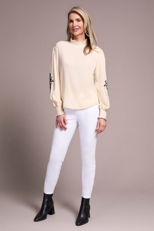 Crinkled Knit Smocked Mock Neck Top-Moonstone