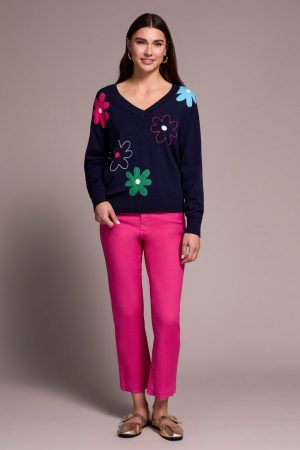 Daisy Flower Front Cotton V-Neck Sweater-Nightfall