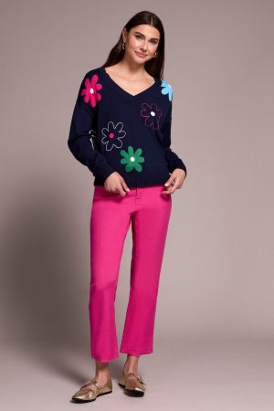 Daisy Flower Front Cotton V-Neck Sweater-Nightfall