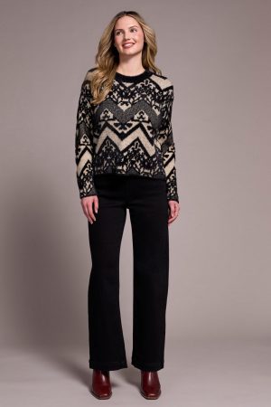 Double-Knit Eyelash Yarn Crew Neck Sweater-Black