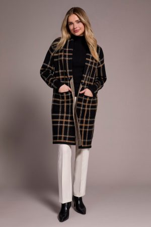 Double Knit Long Plaid Coatigan-Black