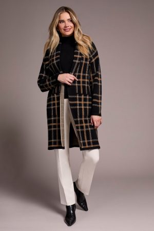 Double Knit Long Plaid Coatigan-Black