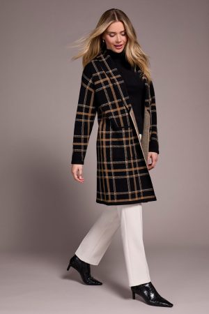 Double Knit Long Plaid Coatigan-Black