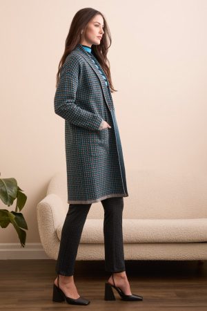 Double Knit Long Plaid Coatigan-Charcoal