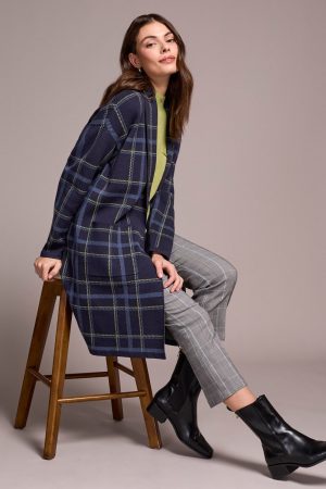Double Knit Long Plaid Coatigan-Sapphire