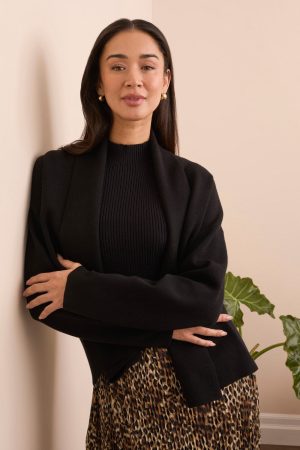 Double Knit Shawl Collar Coatigan-Black