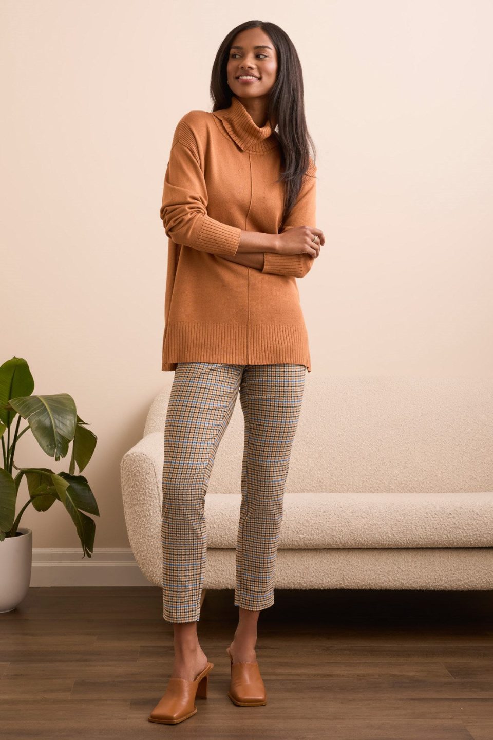 Drop Shoulder Turtle Neck Sweater-Bran