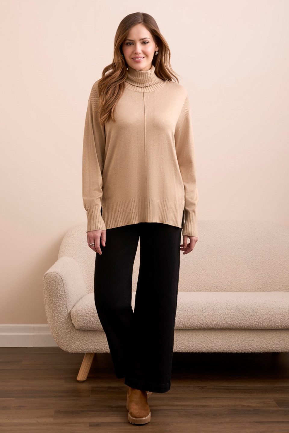 Drop Shoulder Turtle Neck Sweater-H latte