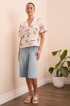 Embroidered Button-Front Short Sleeve Fringe-Trim Blouse-Summerwhite