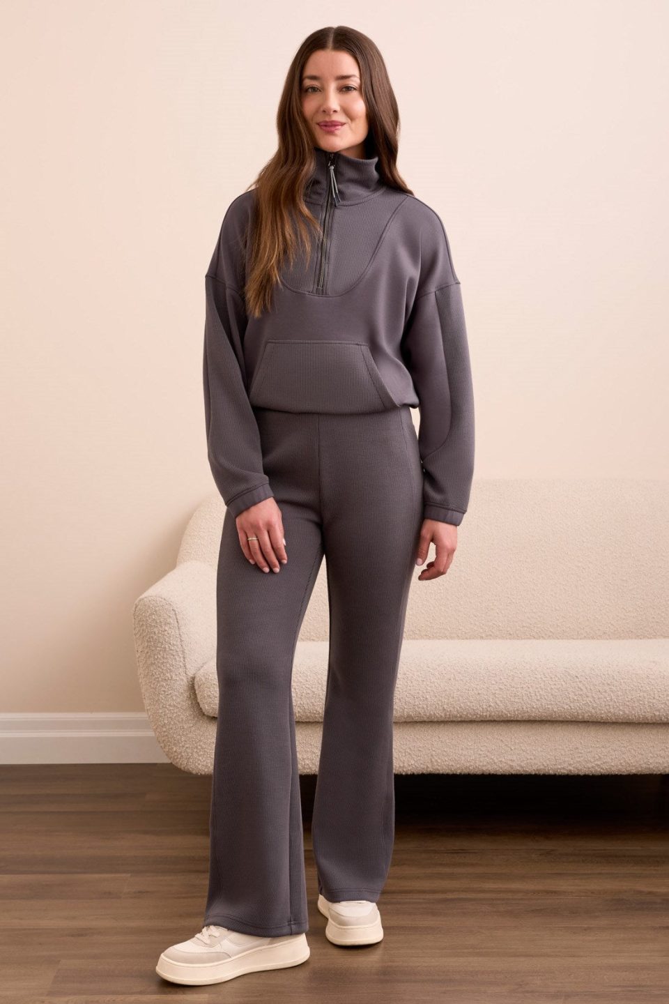 Techno Lux Rib Pull-On Flare Leg Pants-Charcoal