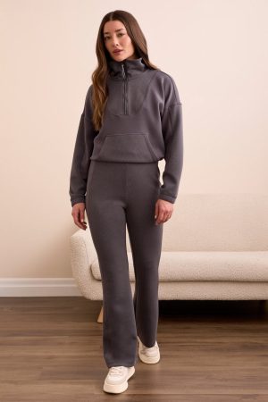 Techno Lux Rib Pull-On Flare Leg Pants-Charcoal