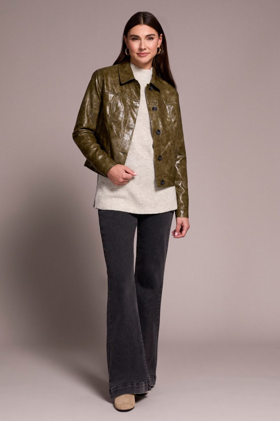 Faux Leather Button-Front Collar-Accent Jacket-Oliveleaf