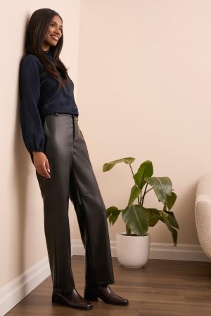 Faux Leather Straight Leg Trousers-Black