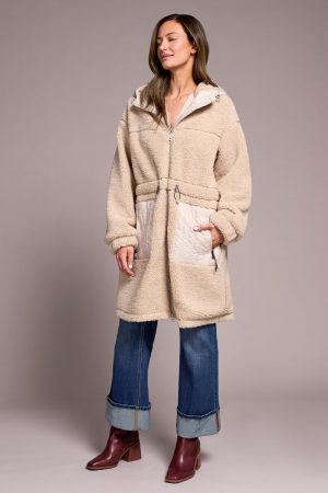 Faux Sherpa Zip-Front Hooded Coat With Drawcord-Sandstone