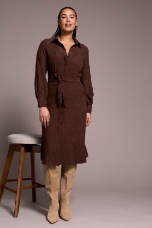 Faux Suede Belted Long-Sleeve Maxi Dress-Cocoa