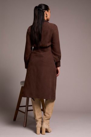 Faux Suede Belted Long-Sleeve Maxi Dress-Cocoa