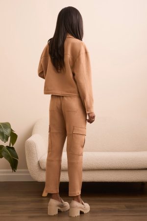 Faux Suede Cargo Elastic Waist Pants-Almondlatte