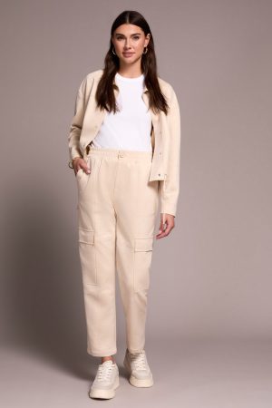 Faux Suede Cargo Elastic Waist Pants-Cream
