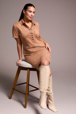 Faux Suede Short-Sleeve Polo Dress With Pockets-Almondlatte