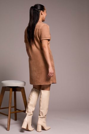 Faux Suede Short-Sleeve Polo Dress With Pockets-Almondlatte