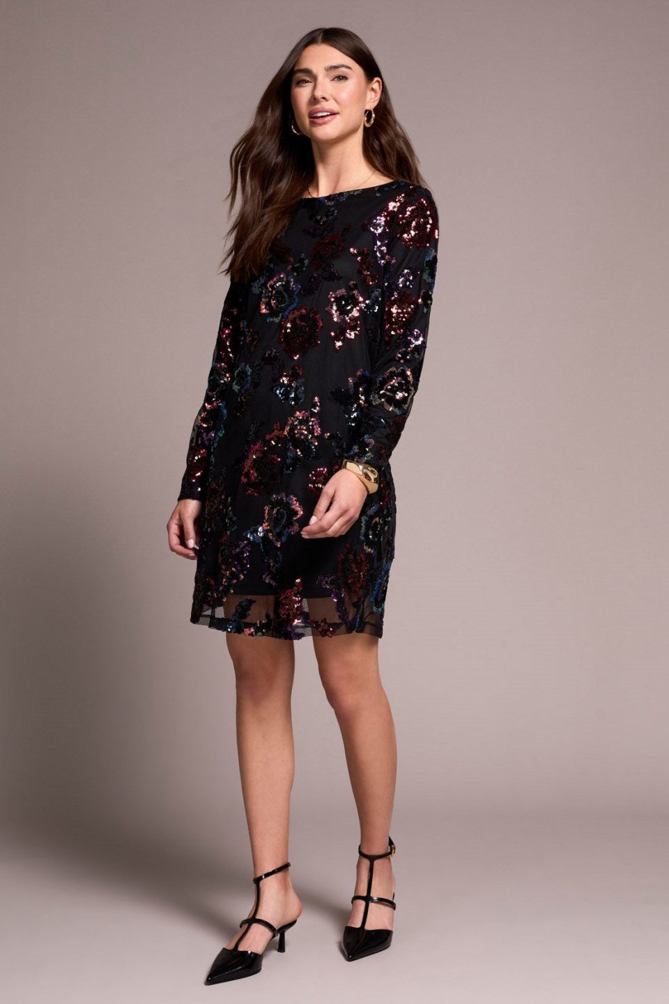 Floral Sequin Mesh Lined A-Line Dress-Blackmulti