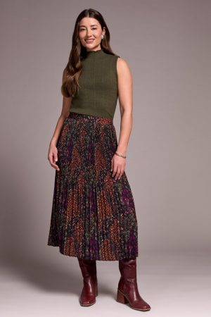 Flowy Plisse Printed Skirt-Plumwine